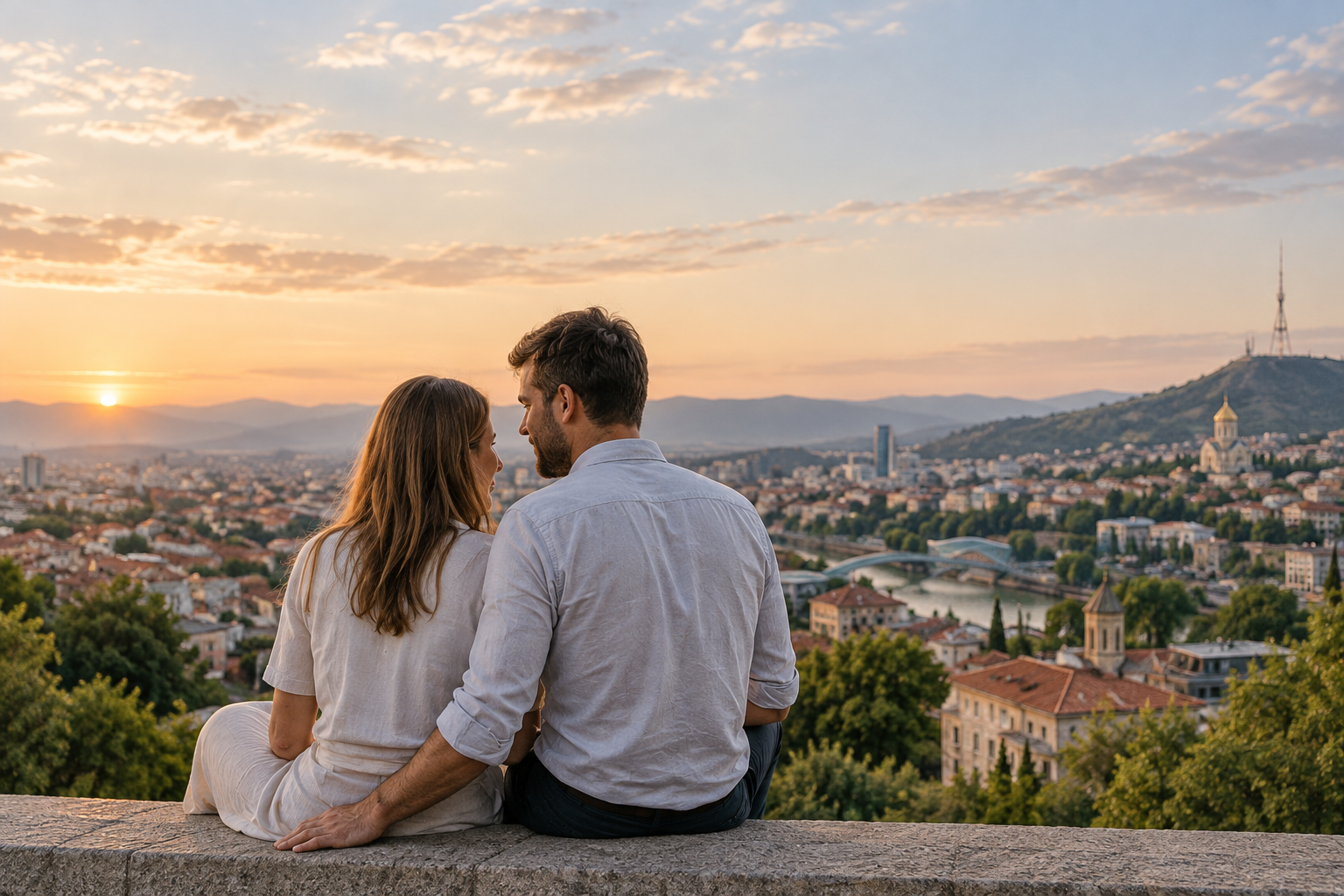 Couple overlooking a Georgian cityscape at warm evening light