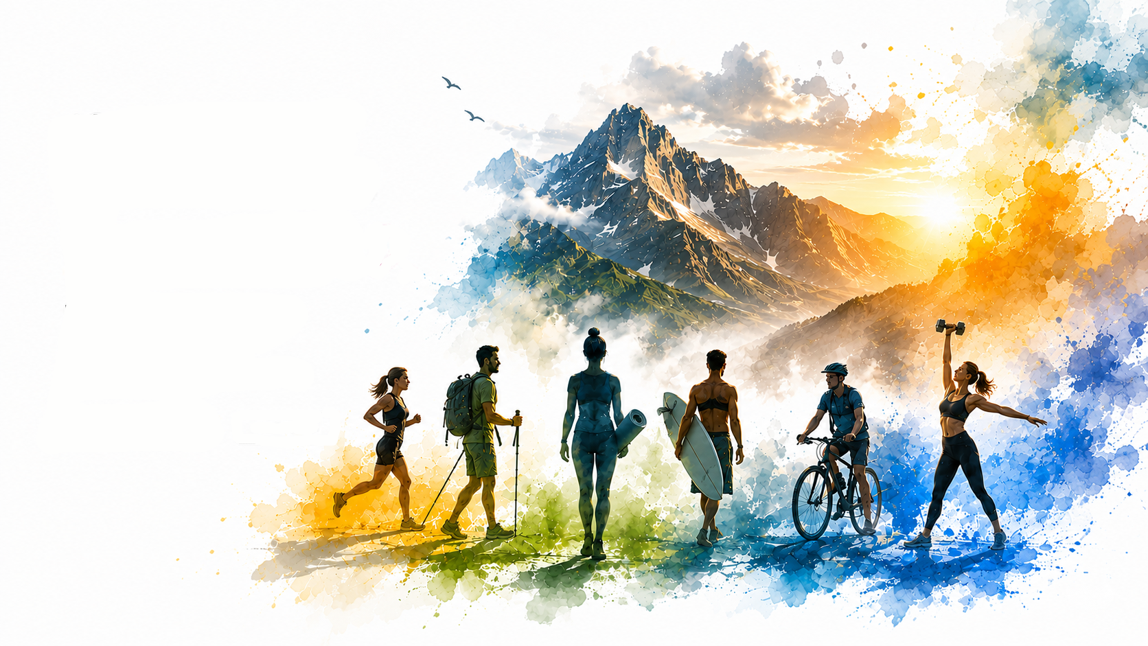 Mountain landscape with silhouettes of people running, hiking, surfing, cycling and lifting weights