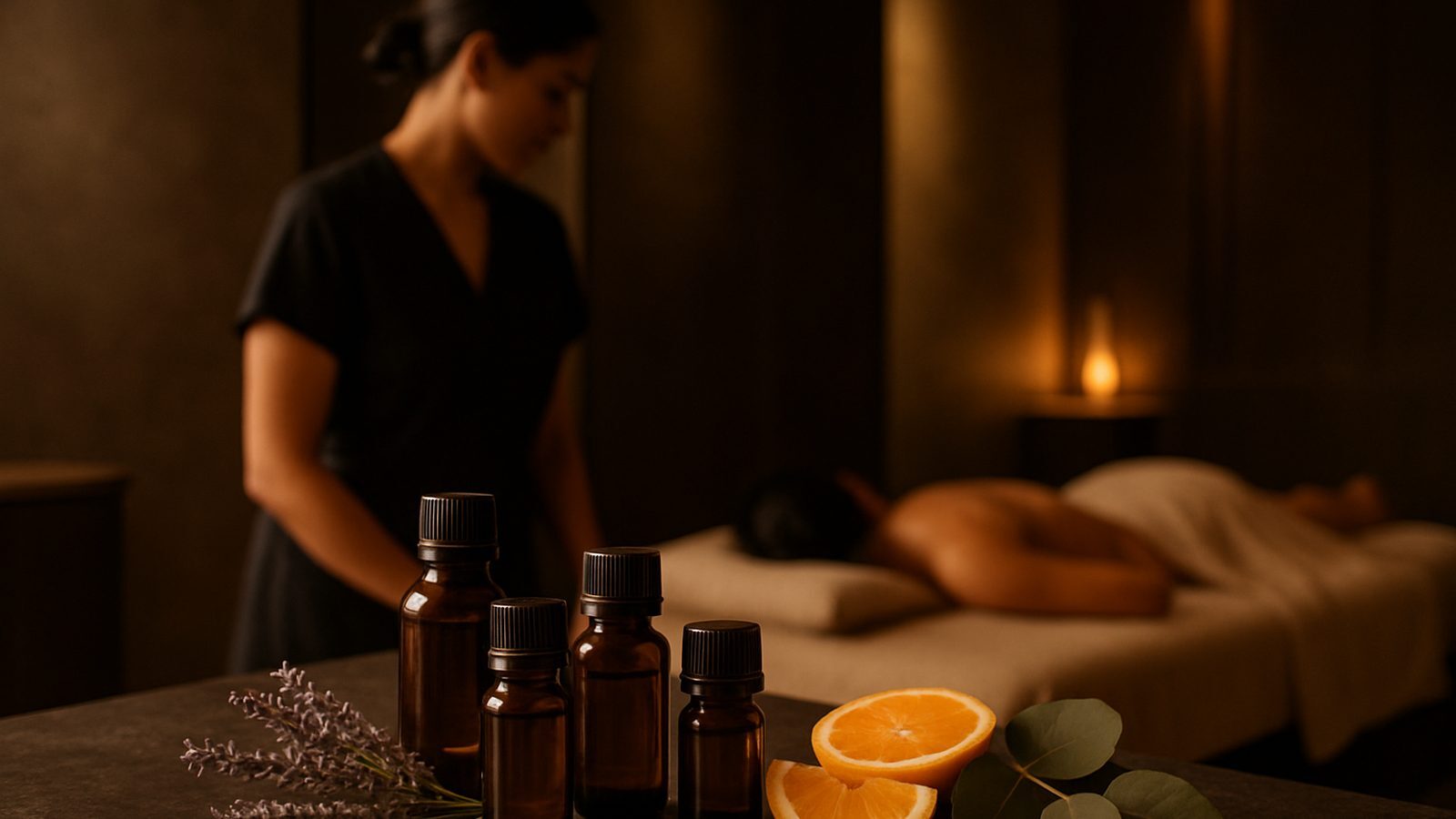 Essential oil bottles with lavender and orange in a spa room