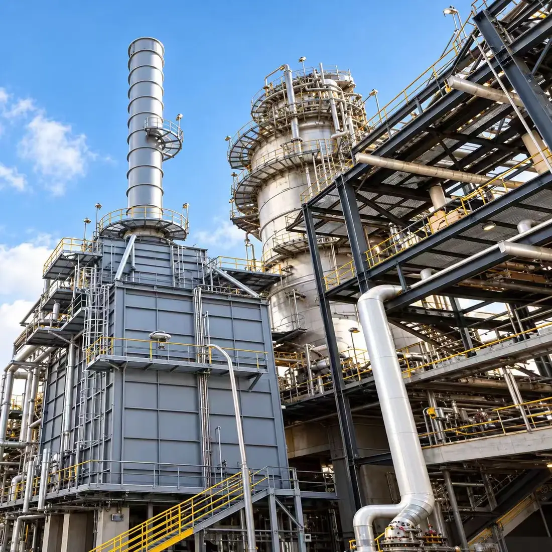 Industrial process facility with steel structures, piping and heating equipment