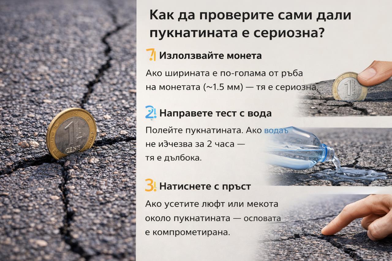 Инфографика как да проверите дали пукнатината в асфалта е сериозна – тест с монета, вода и натиск с пръст