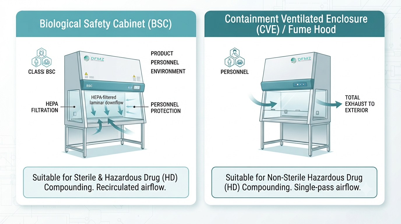 Diagram comparing a Biological Safety Cabinet to a Containment Ventilated Enclosure, showing airflow and protection differences