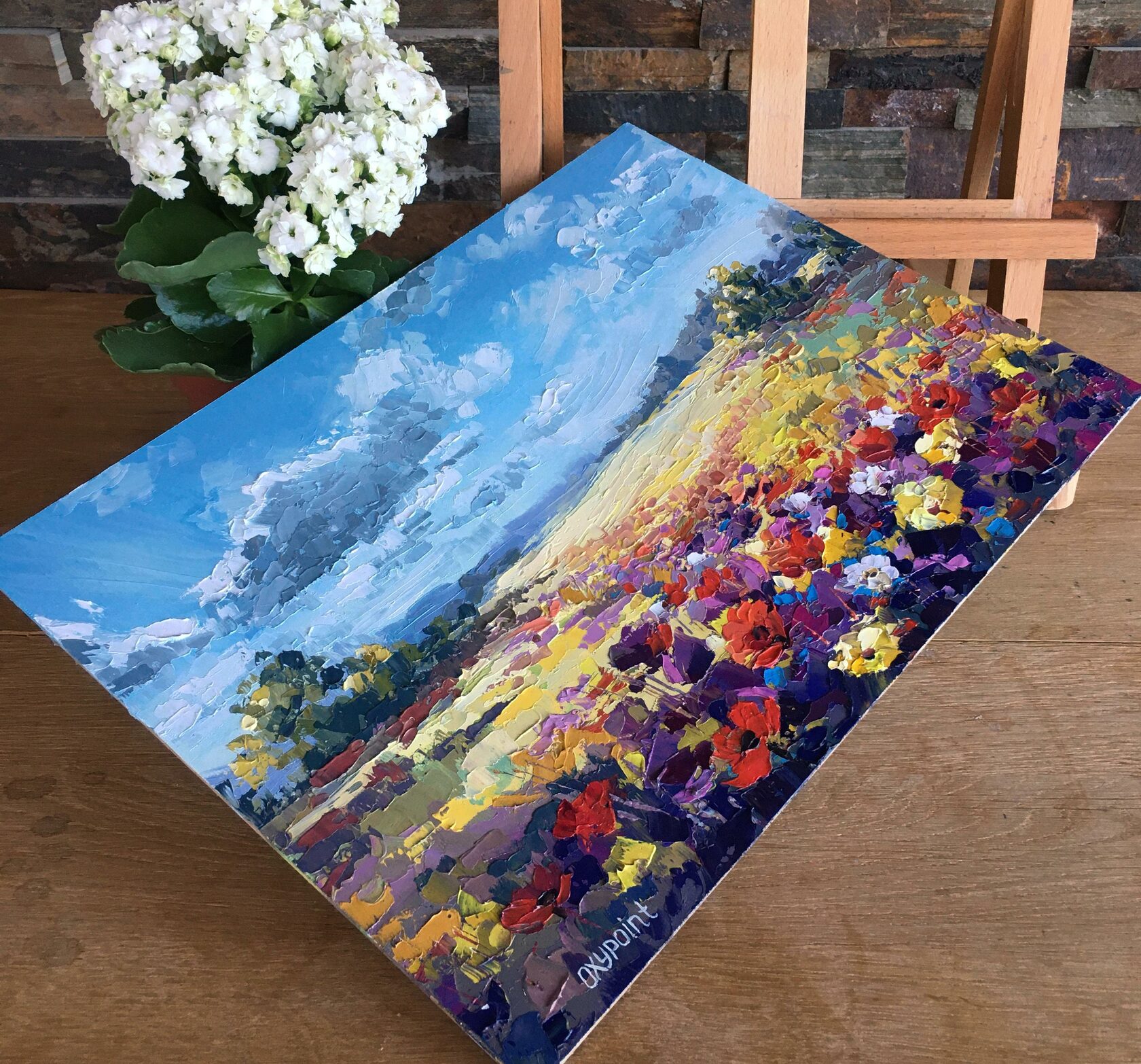 rural landscape oil painting, clouds over a flower field abstract art, poppies knife painting, artist OXYPOINT Oxana Kravtsova, painting for sale 