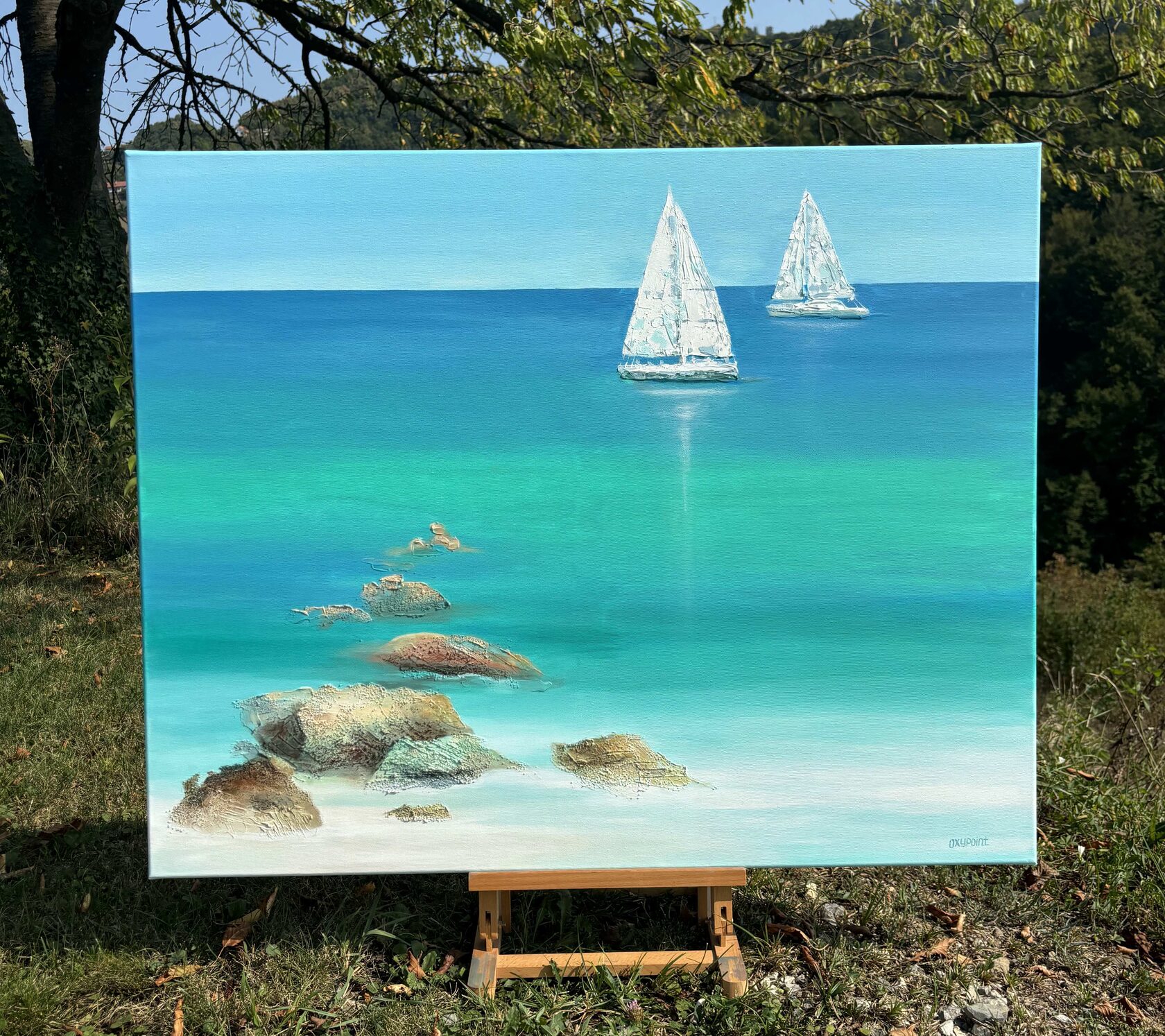 Acrylic painting White Sails, mixed media Turquoise Sea, large wall art for sale, buy art from artist, buy original paintings, Sea boats, seascape, stones in the sea, painting for sale Oxana Kravtsova Oxypoint