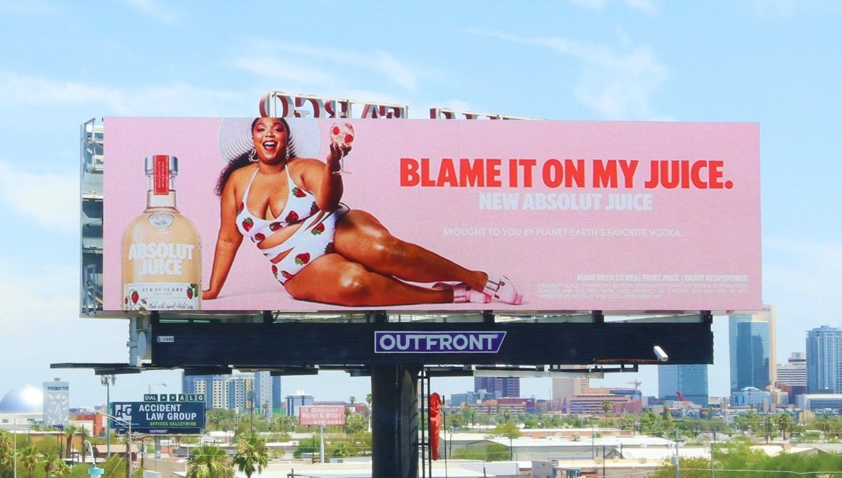 Absolut Juice billboard photographed above a street