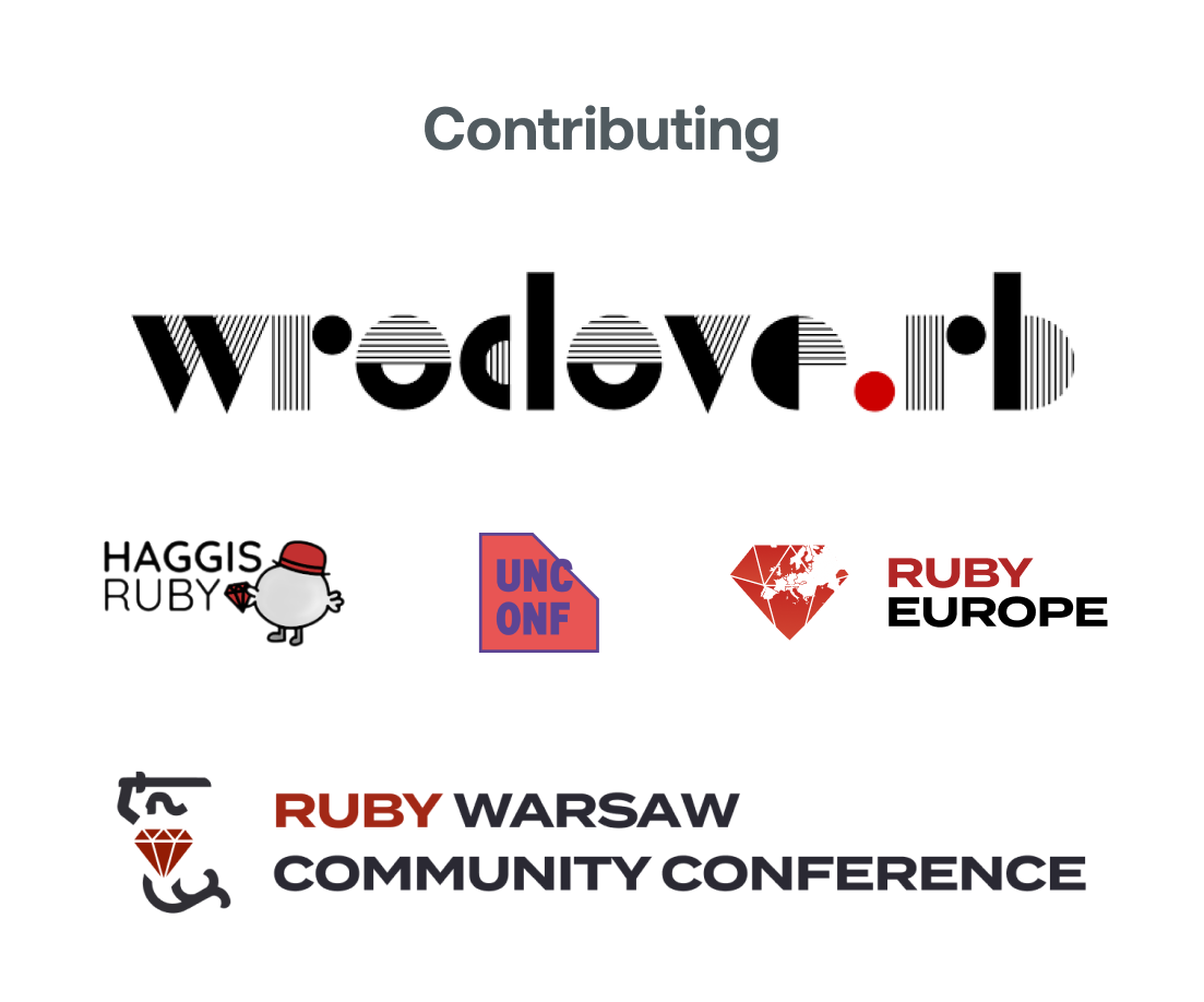 Logos of Wroclove.rb, Haggis Ruby, UNС ONFб Ruby Europe, Ruby Warsaw Community Conference representing the contributing of Cybergizer.
