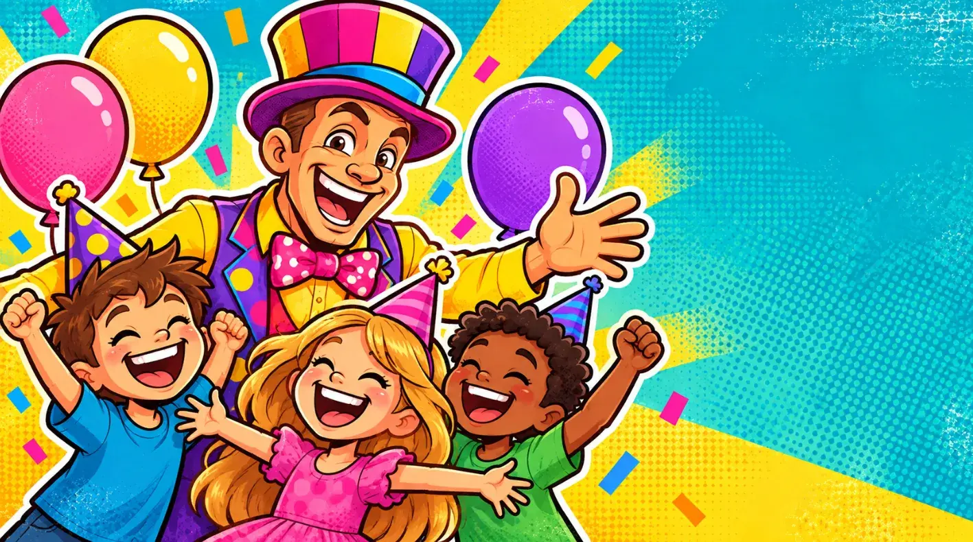 Illustration: Partyunterhalter mit buntem Zylinder und Fliege feiert mit drei lachenden Kindern mit Partyhüten, Luftballons und Konfetti