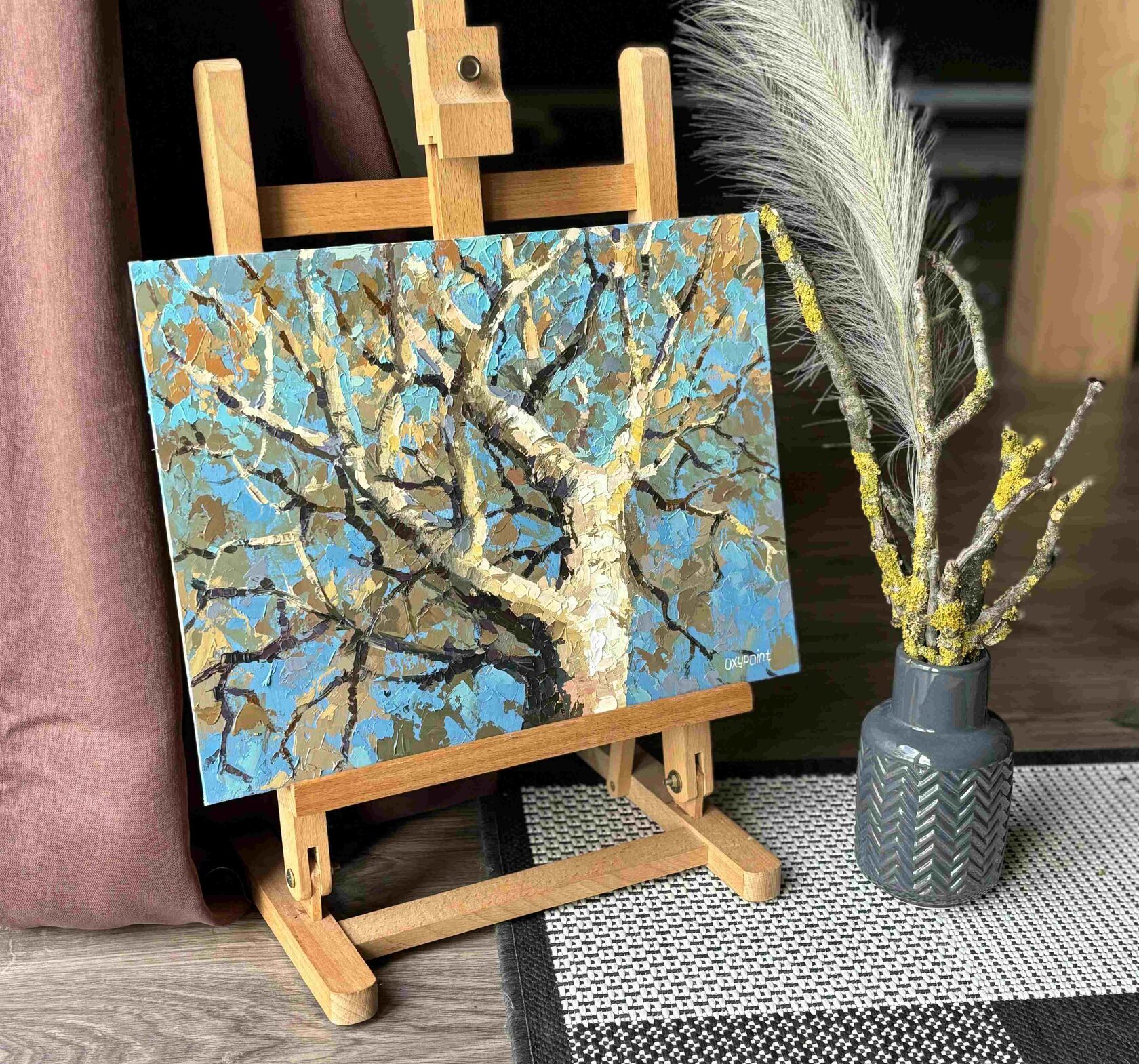 Tree oil painting, tree trunk art, landscape for sale, lonely tree