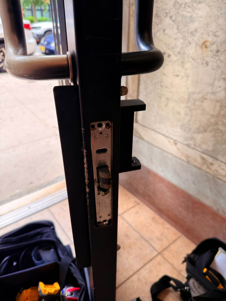 Commercial storefront glass door mortise lock hardware, serviced by LexKey Locksmith LLC