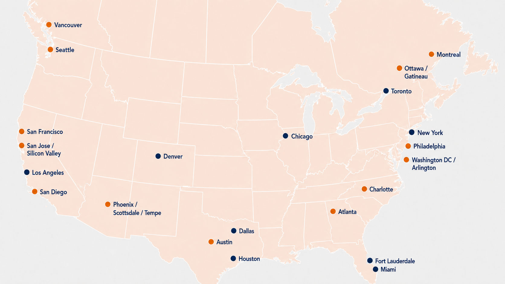 Map showing current and planned Pottery Studio 1 locations across the United States and Canada