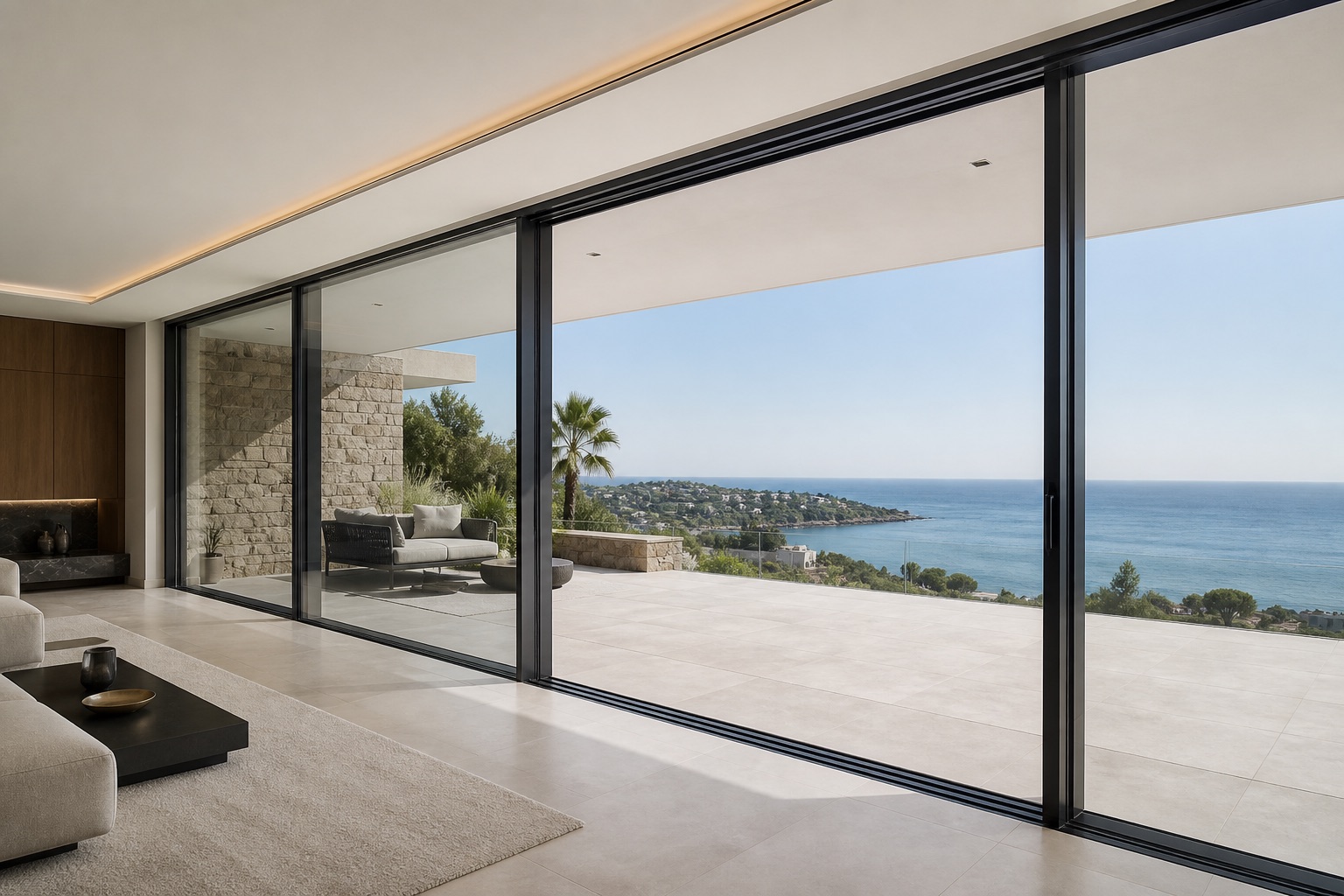 Corredera minimalista COR Vision Plus de gran formato en una vivienda mediterránea