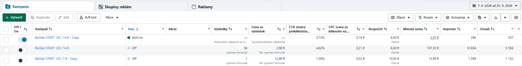 Screenshot skutočného reklamného účtu s výsledkami kampane
