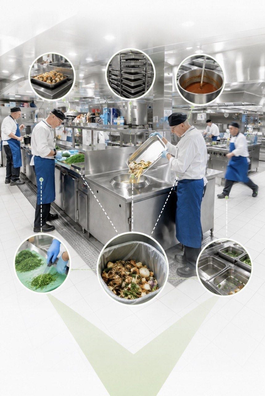 Kitchen operations with multiple chefs processing food