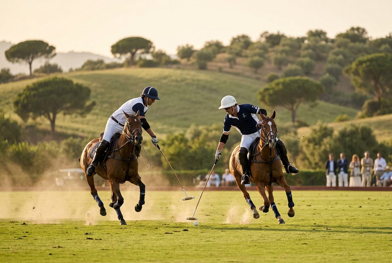 Polo match in full gallop at a polo field near Sotogrande