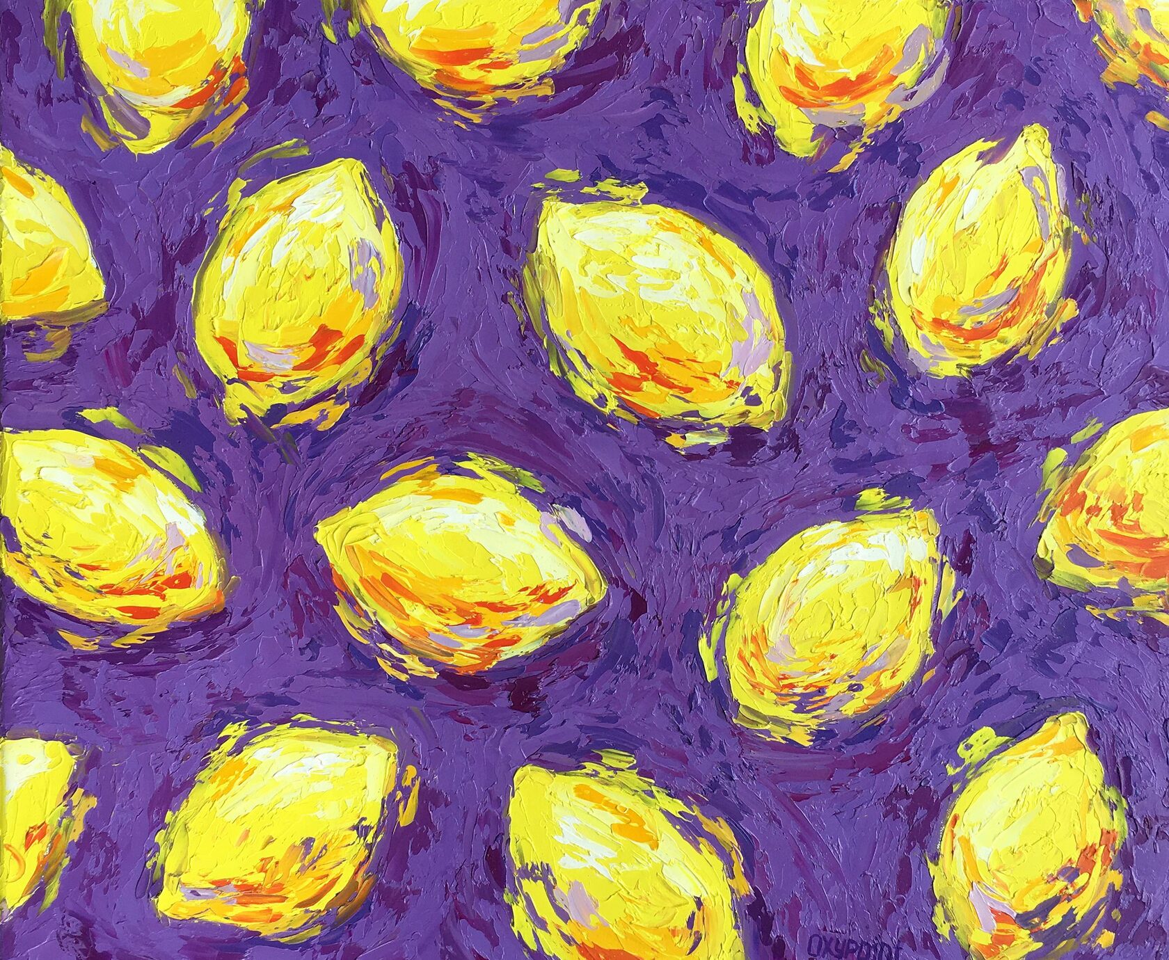 lemons oil painting, pop art, yellow and purple abstract art, lemon knife painting, artist OXYPOINT Oxana Kravtsova, painting for sale 