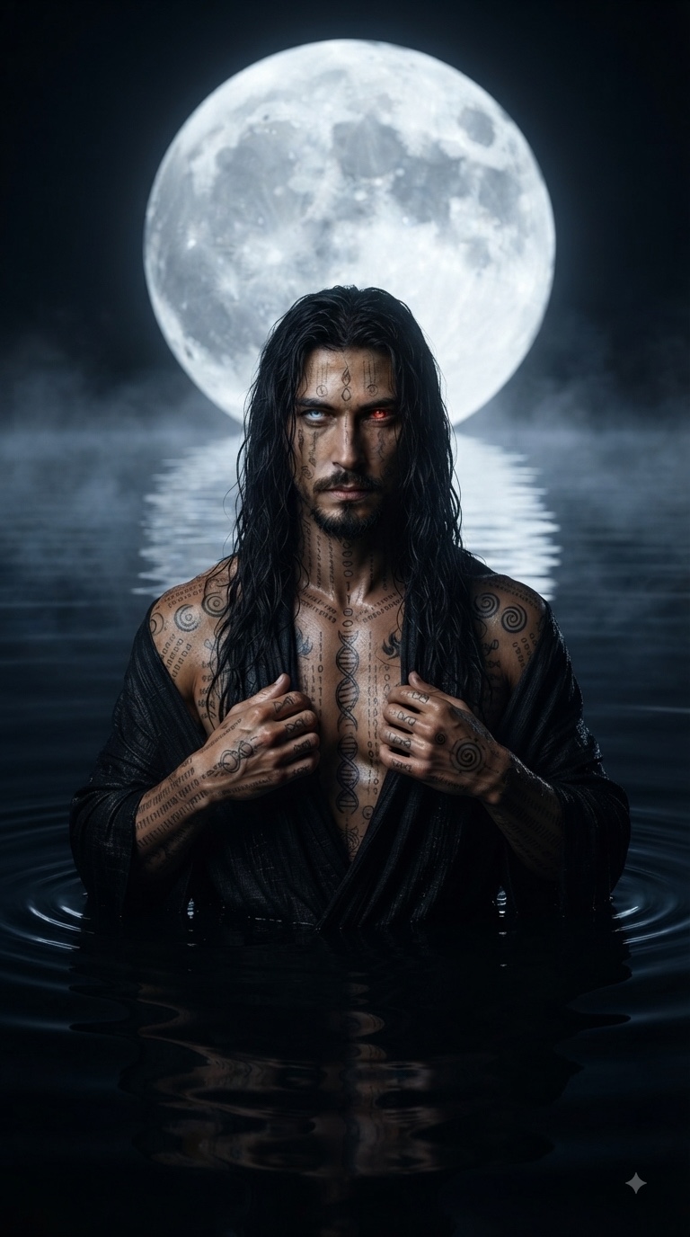 The Shaman standing in black water beneath the moon