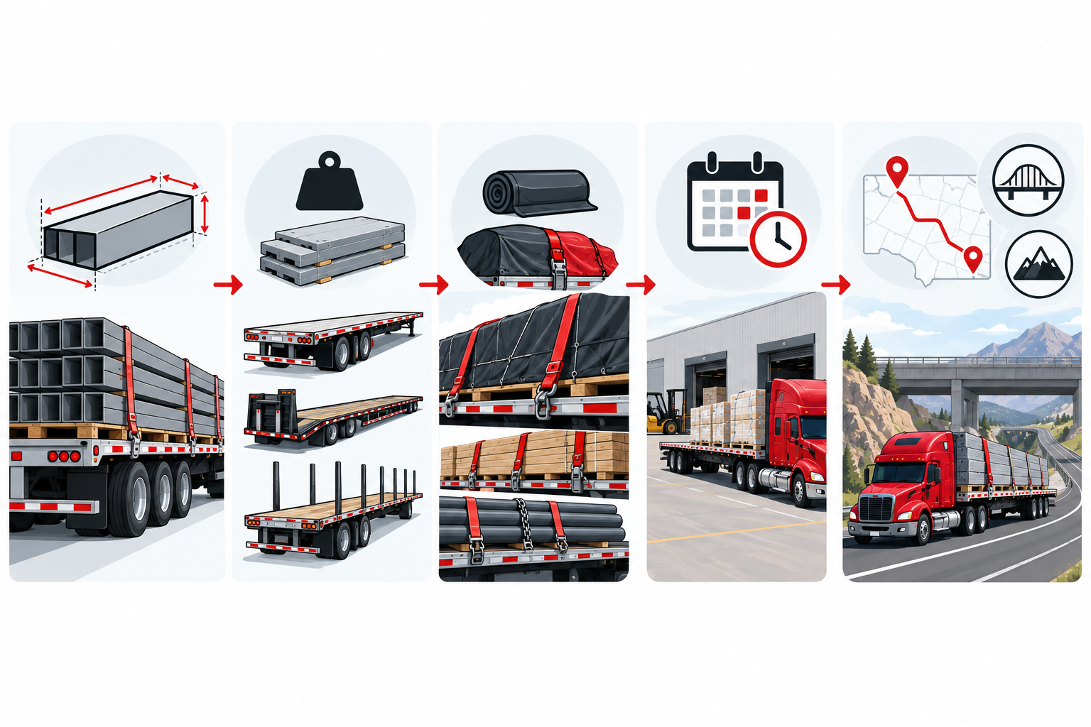 Flatbed pre-booking questions grouped into dimensions, weight, trailer type, tarping, timing and route constraints