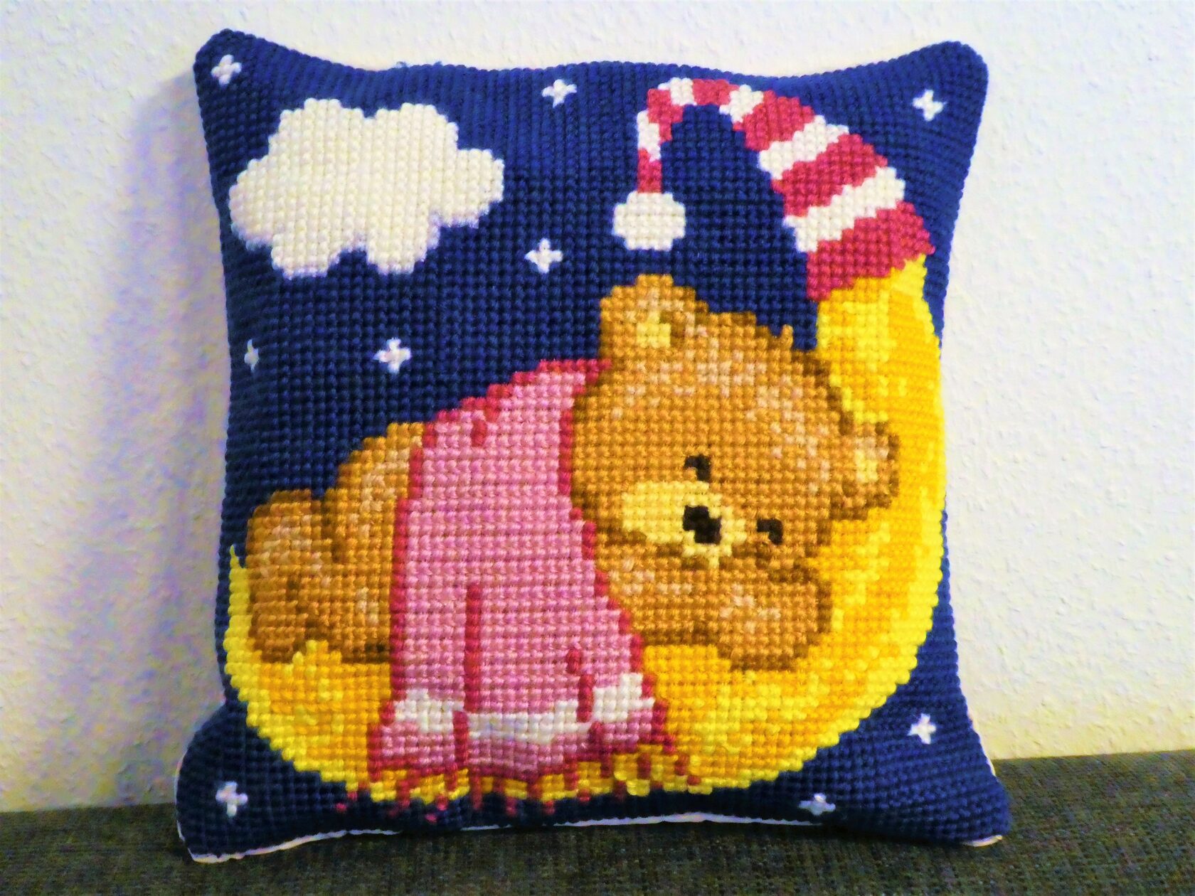 Teddy on a moon pillow case handcraft present girl child room 
