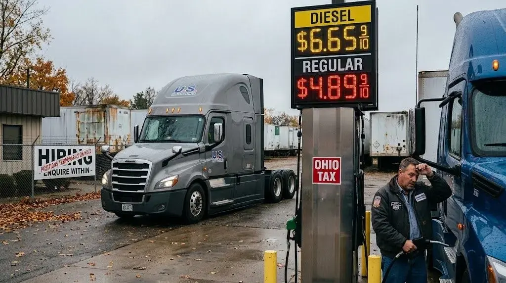 Commercial semi-truck refueling at a diesel pump amidst soaring national fuel costs