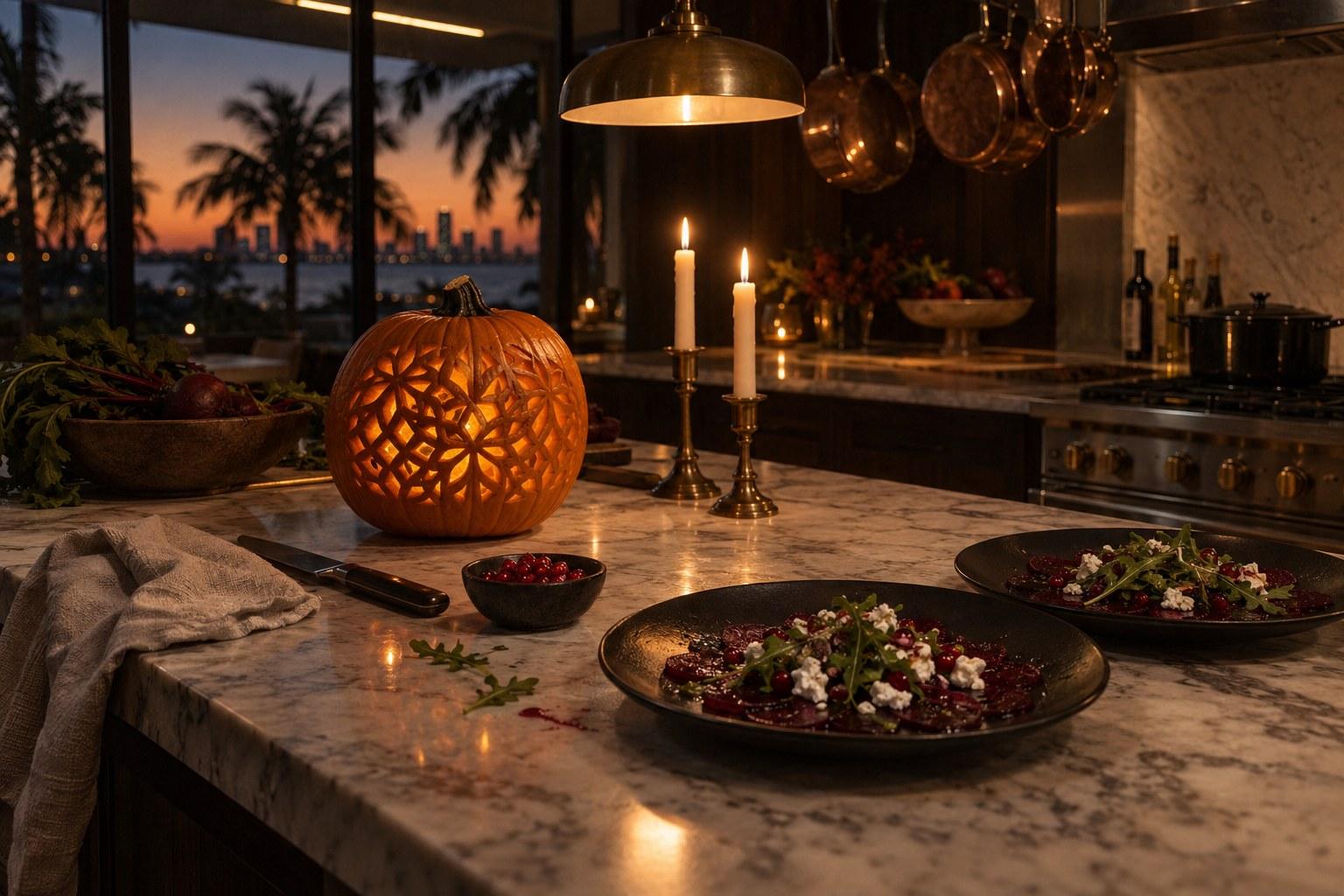 A Miami villa kitchen before a Halloween private chef dinner: a carved pumpkin, candles, copper pans, and beetroot carpaccio plated on the marble island
