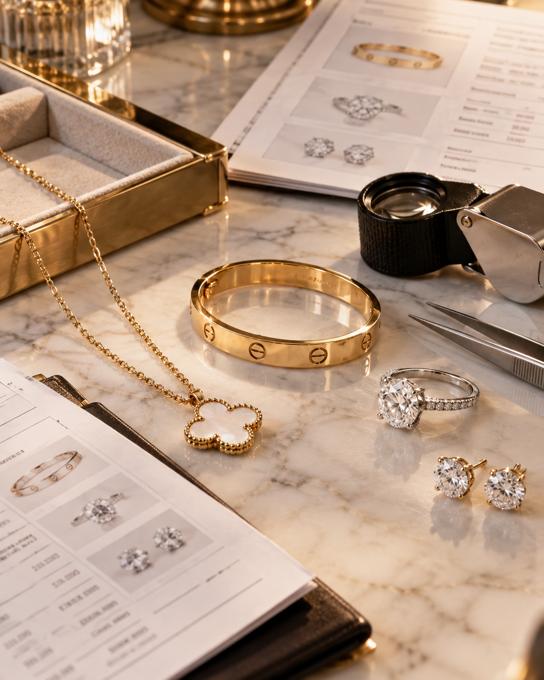Designer jewelry compared with resale market data, buyer demand and comparable listings during secondary-market valuation