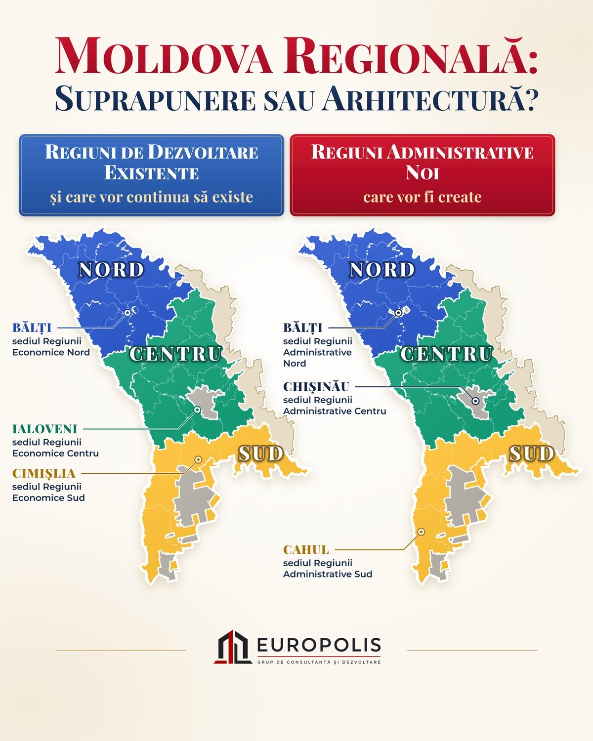 Hartă: Moldova regională, regiunile de dezvoltare existente și regiunile administrative noi