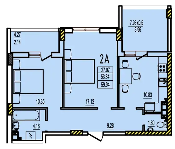 Планировка 2-комнатной квартиры в ЖК RosenTal площадью 57–61 м² — вариант 2