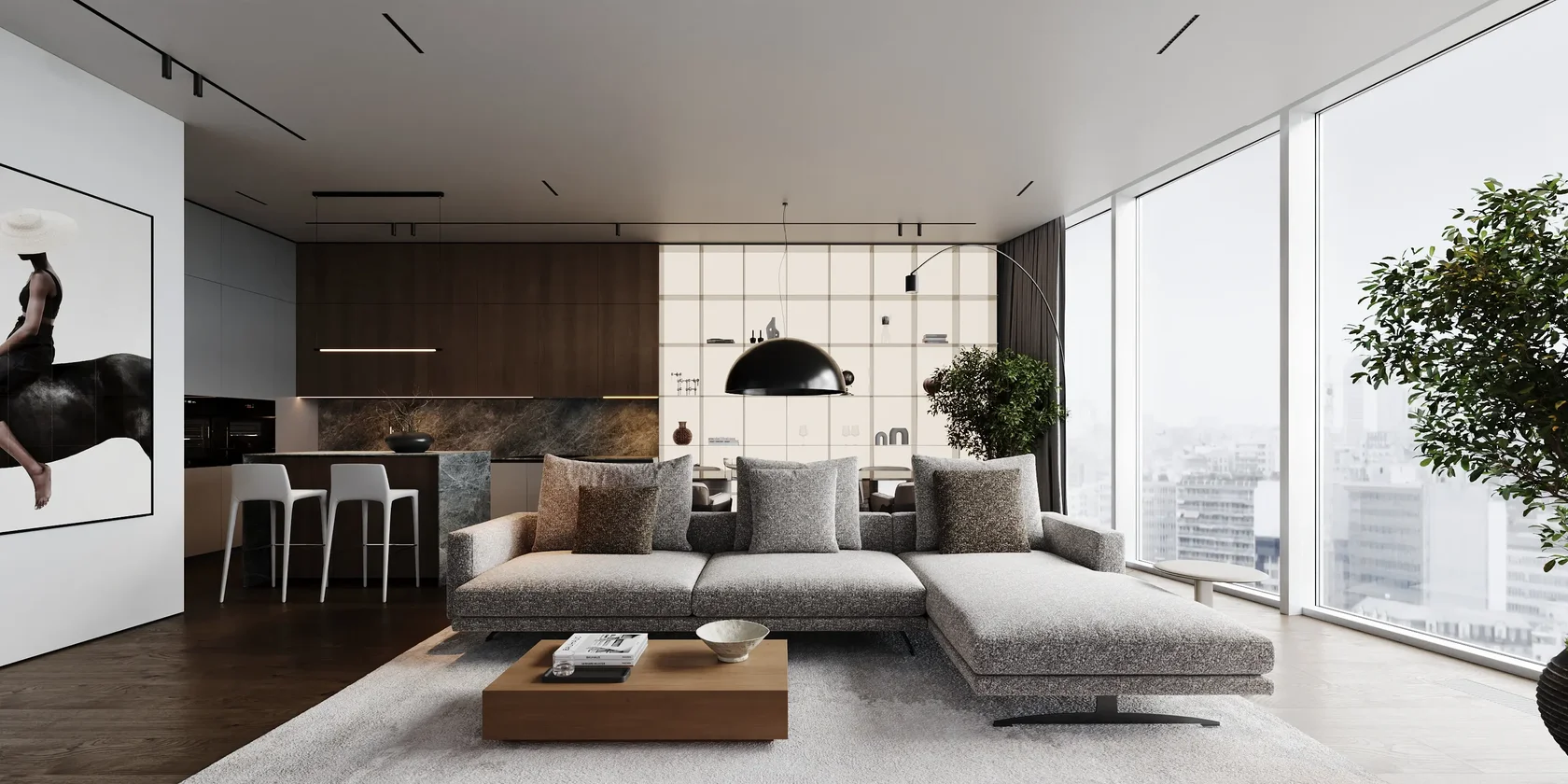 Interior visualization of a living room with a sectional sofa and floor-to-ceiling windows