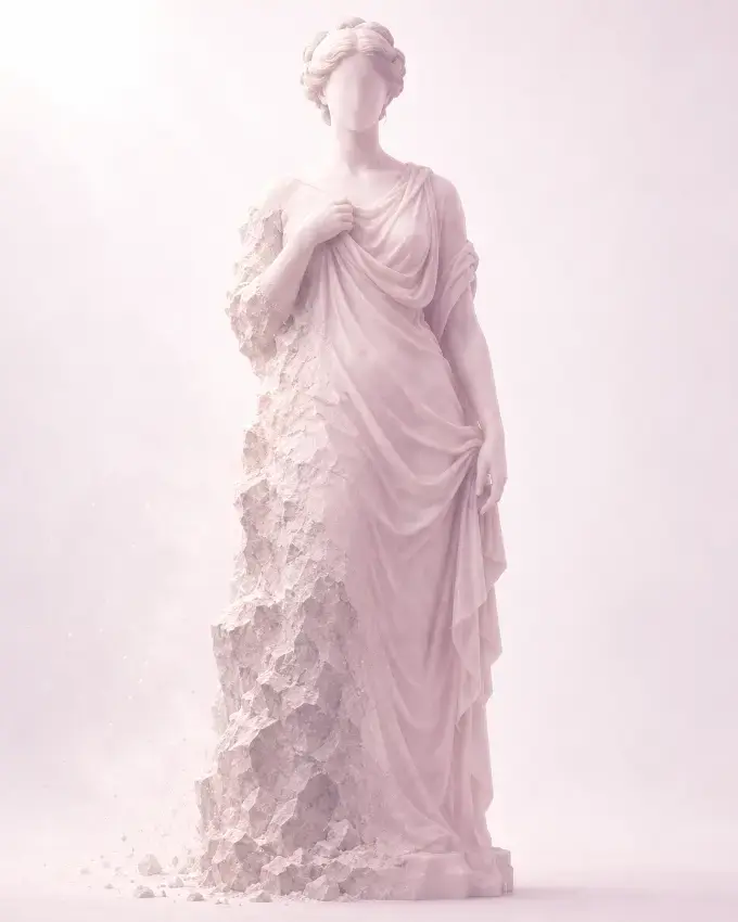 A sculpture that is rough, unworked stone on one side and finished alabaster on the other, showing a gradual transformation