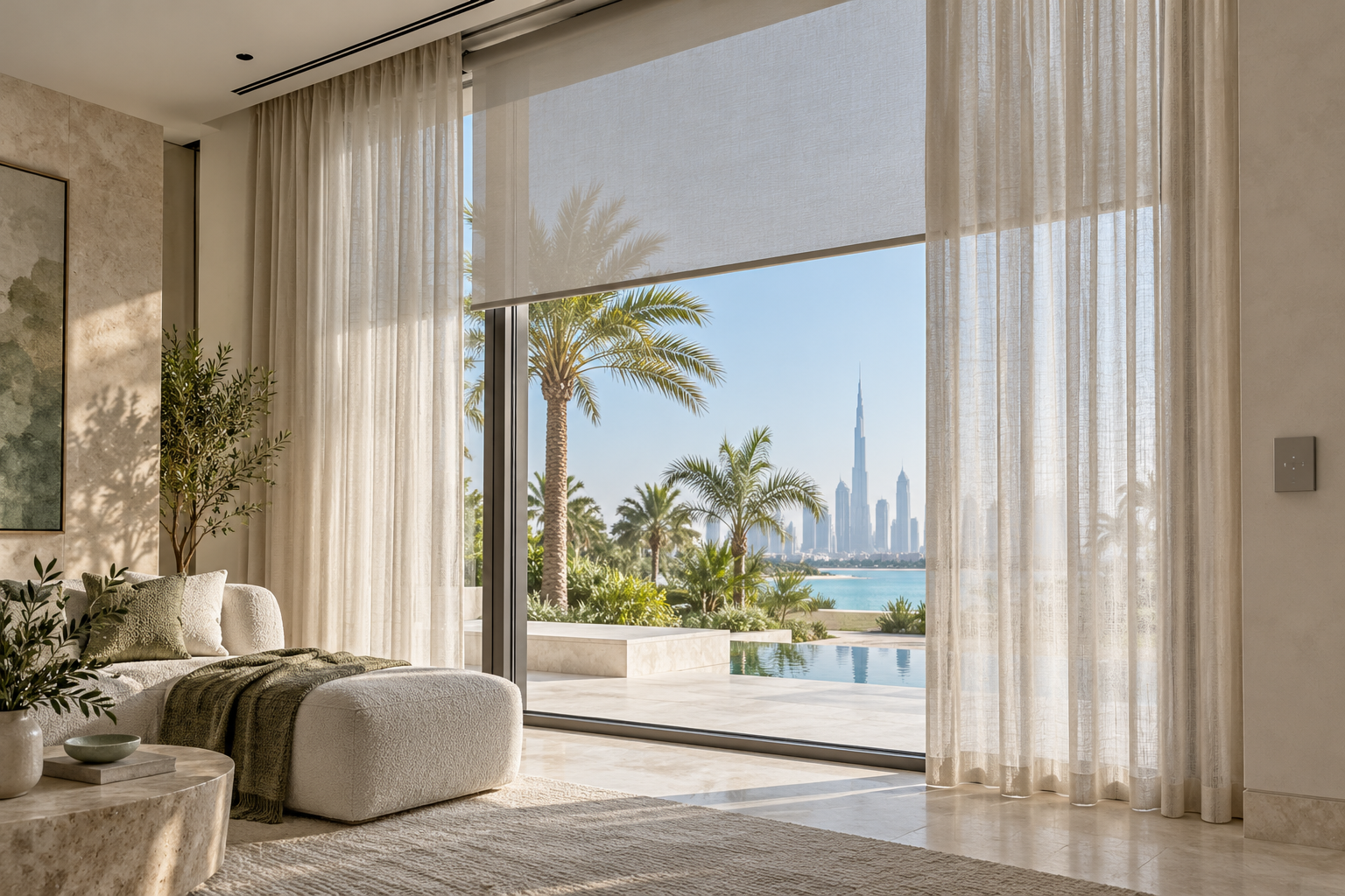 Layered curtains and a roller shade by a large Dubai villa window