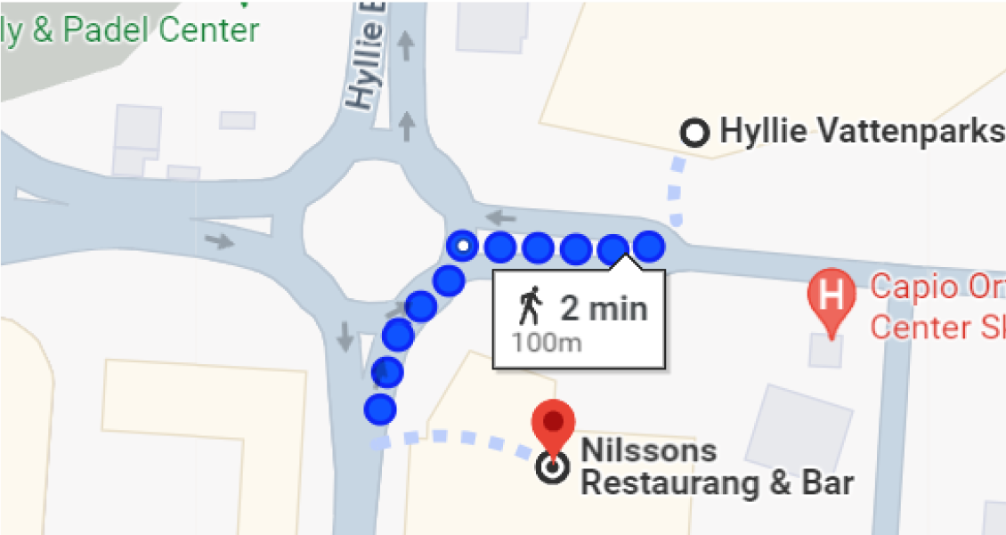 Route to Nilssons Restaurang, Malmö Arena Hotel, Google map screenshot.
