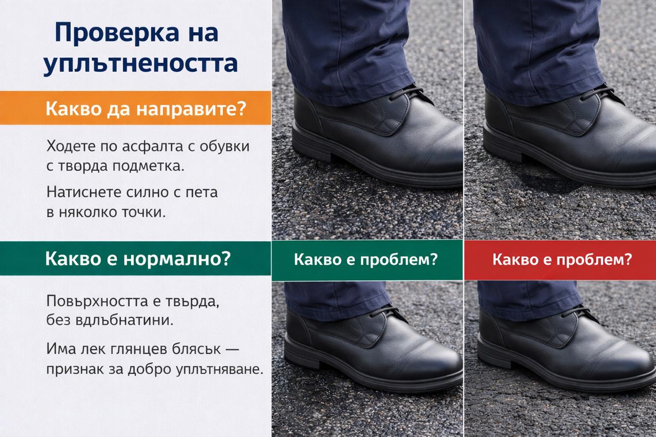 Проверка на уплътнеността на асфалта чрез натиск с обувка с твърда подметка