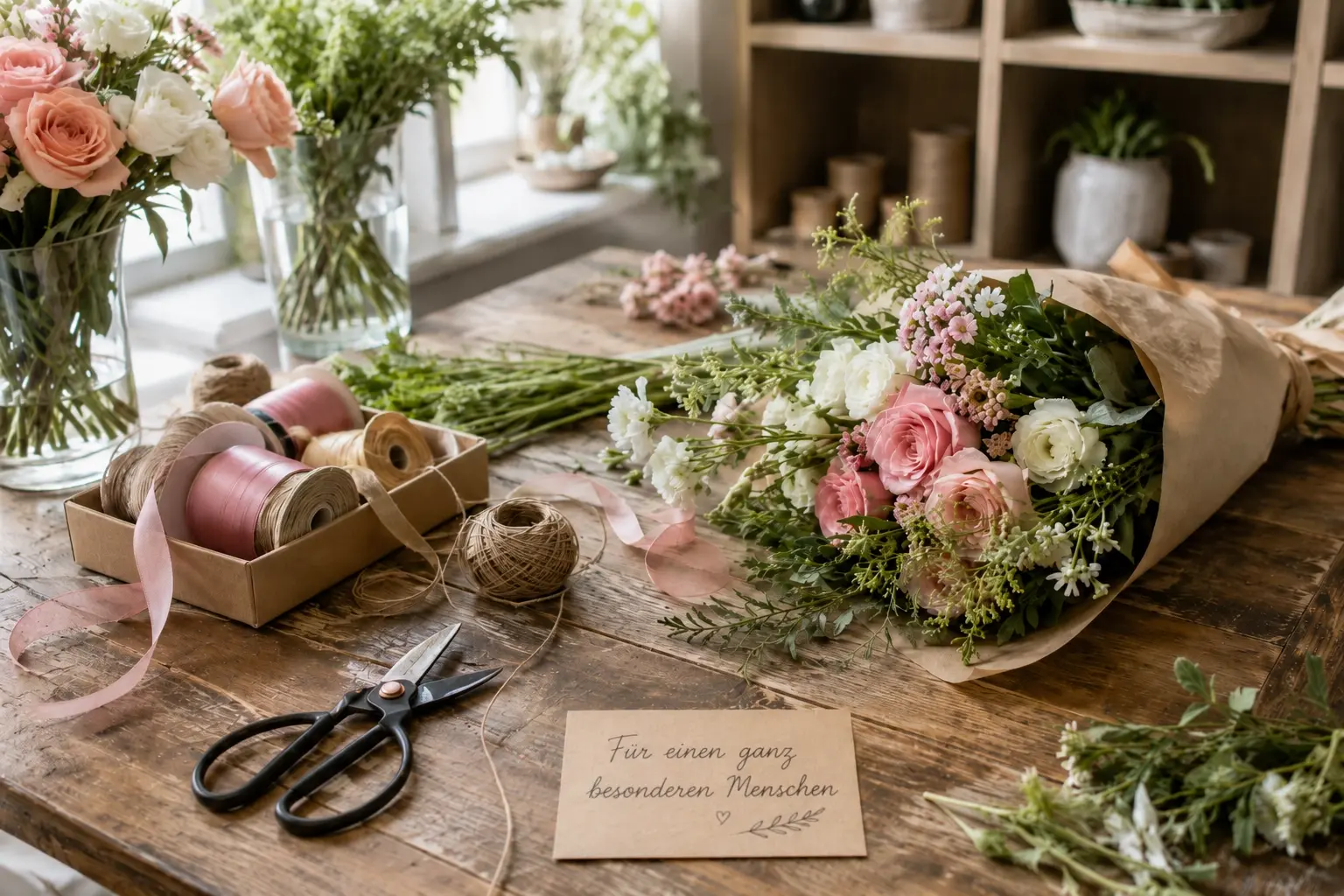 Floristischer Arbeitstisch mit Blumen, Schere, Bändern und Notizkarte