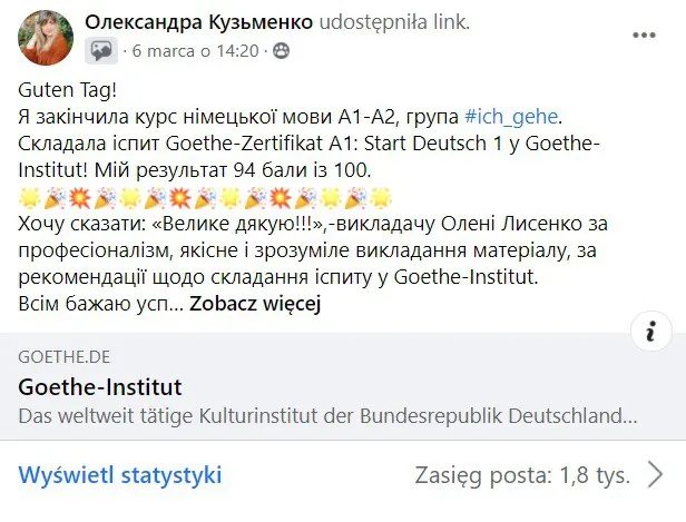 Скриншот відгуку: Goethe-Zertifikat A1: 94 бали зі 100