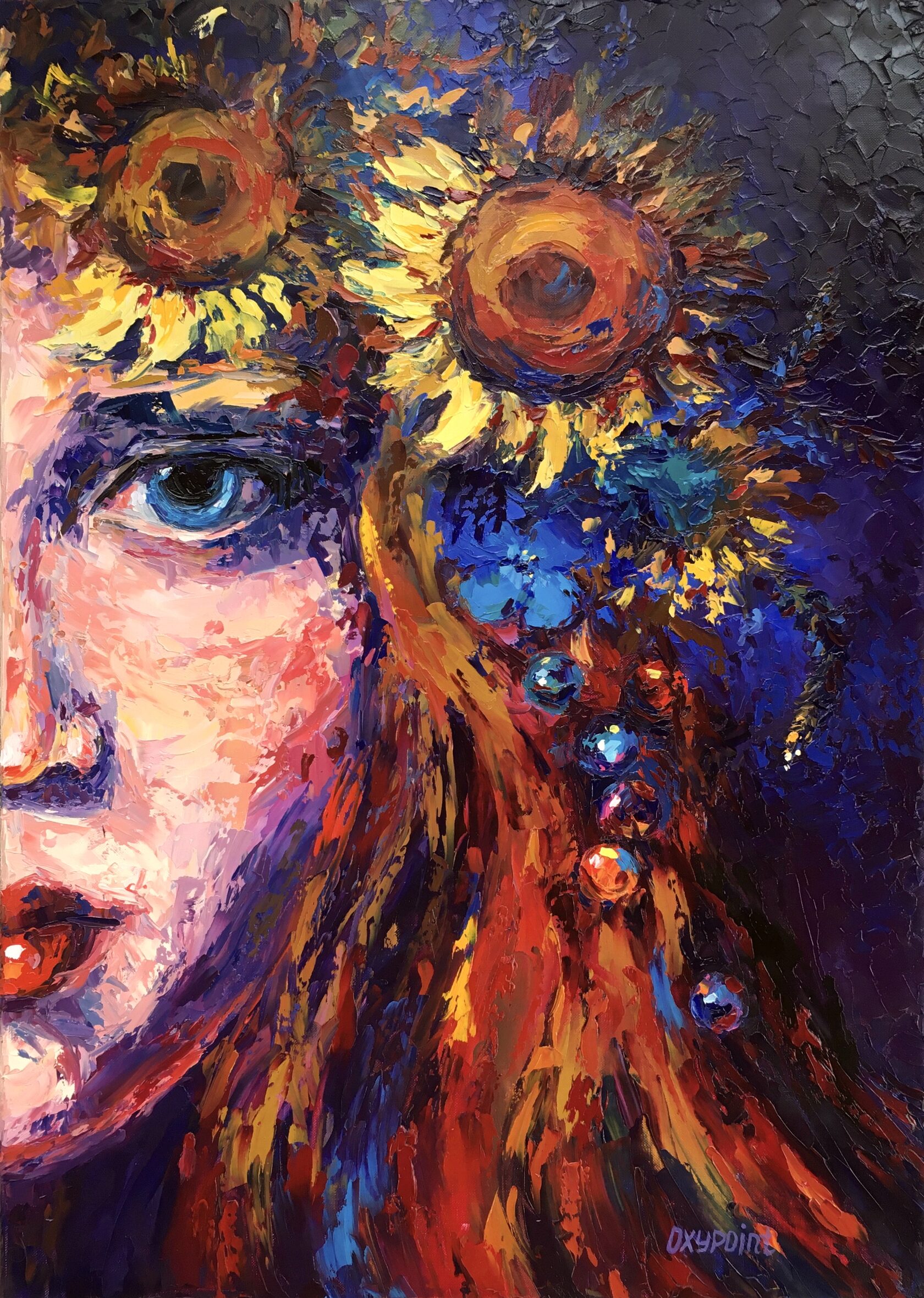 Girl with a wreath of sunflowers oil painting, contemporary portrait abstract art, flower knife painting, artist OXYPOINT Oxana Kravtsova, painting for sale 