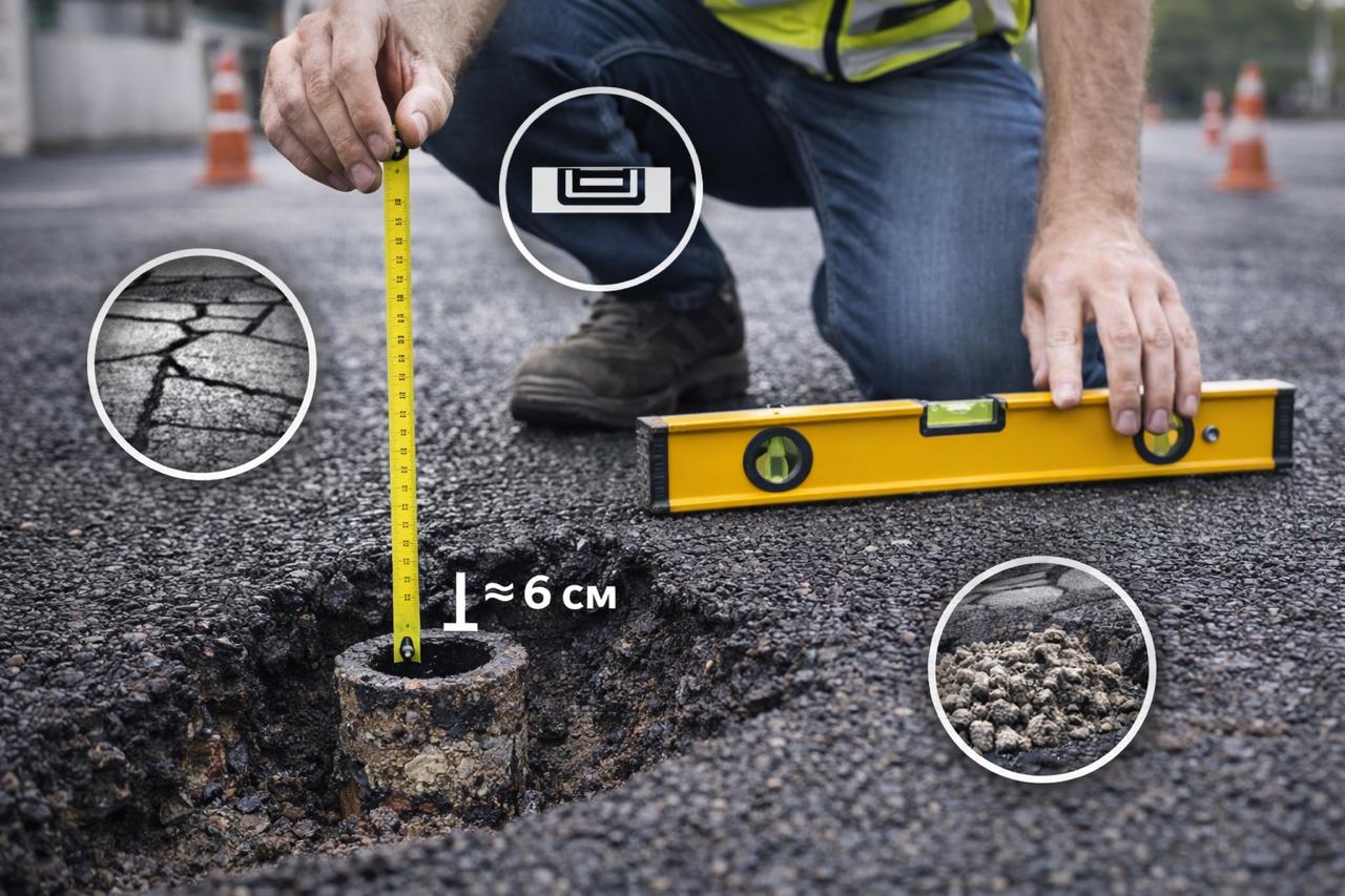 Проверка дебелината и наклона на асфалта с рулетка и нивелир директно на обекта.