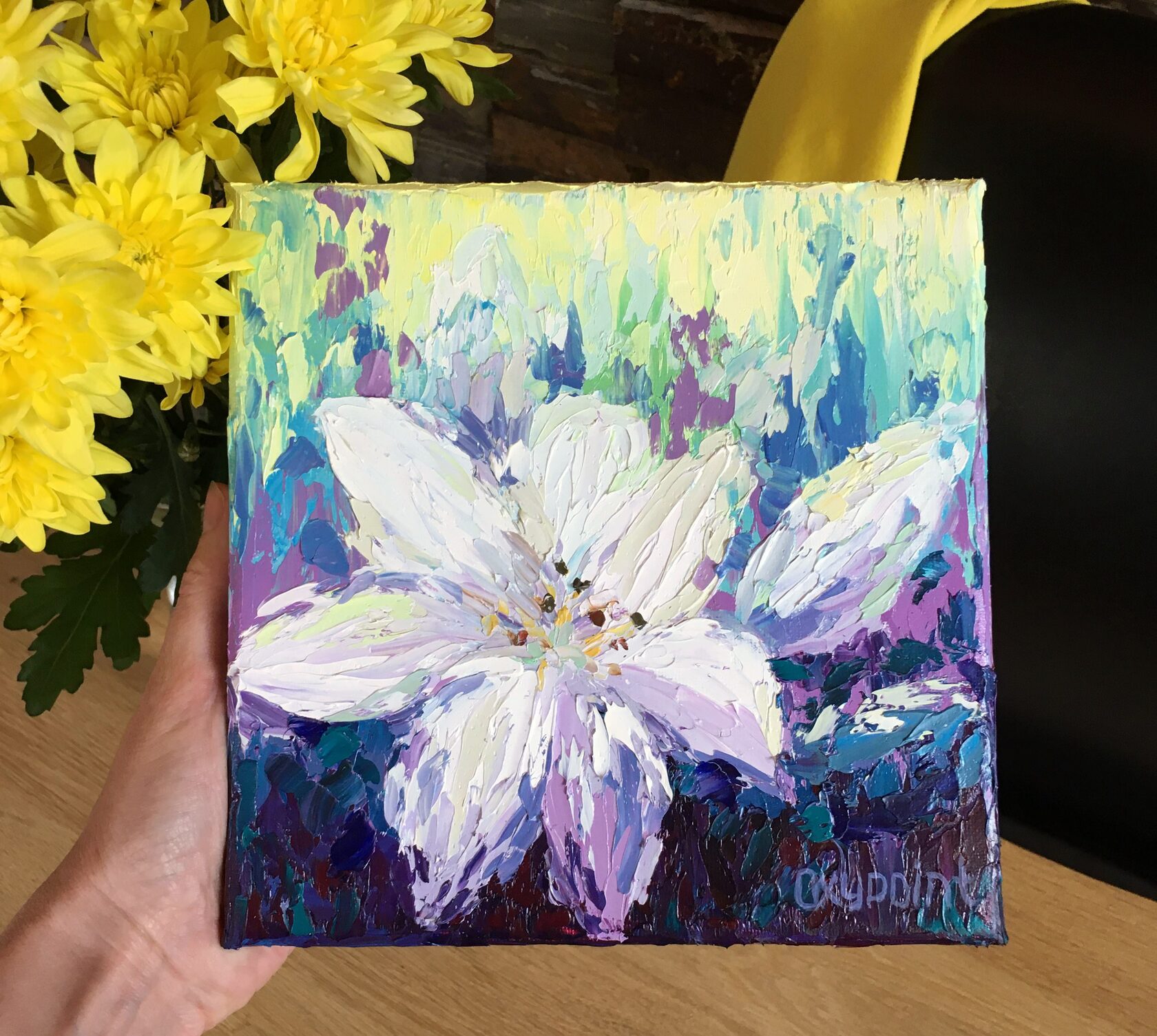 lily oil painting, flowers abstract art, flower knife painting, artist OXYPOINT Oxana Kravtsova