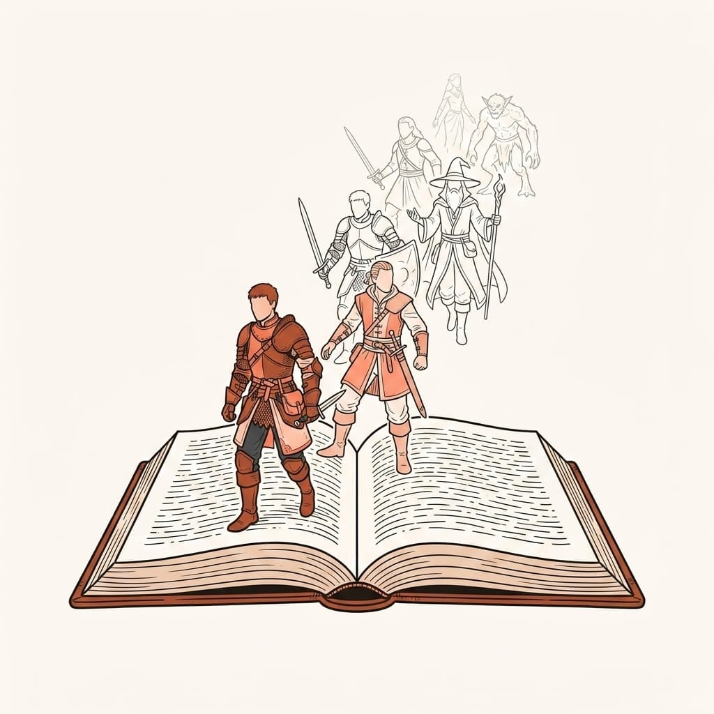 Раскрытая книга, из страниц которой поднимаются фигуры