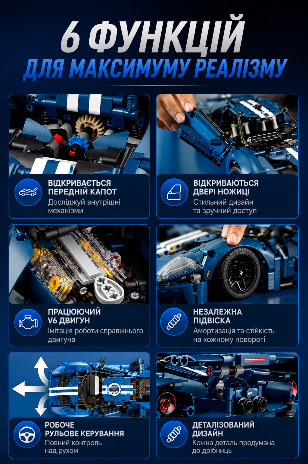 Функції блочного конструктора синього суперкара Ford GT