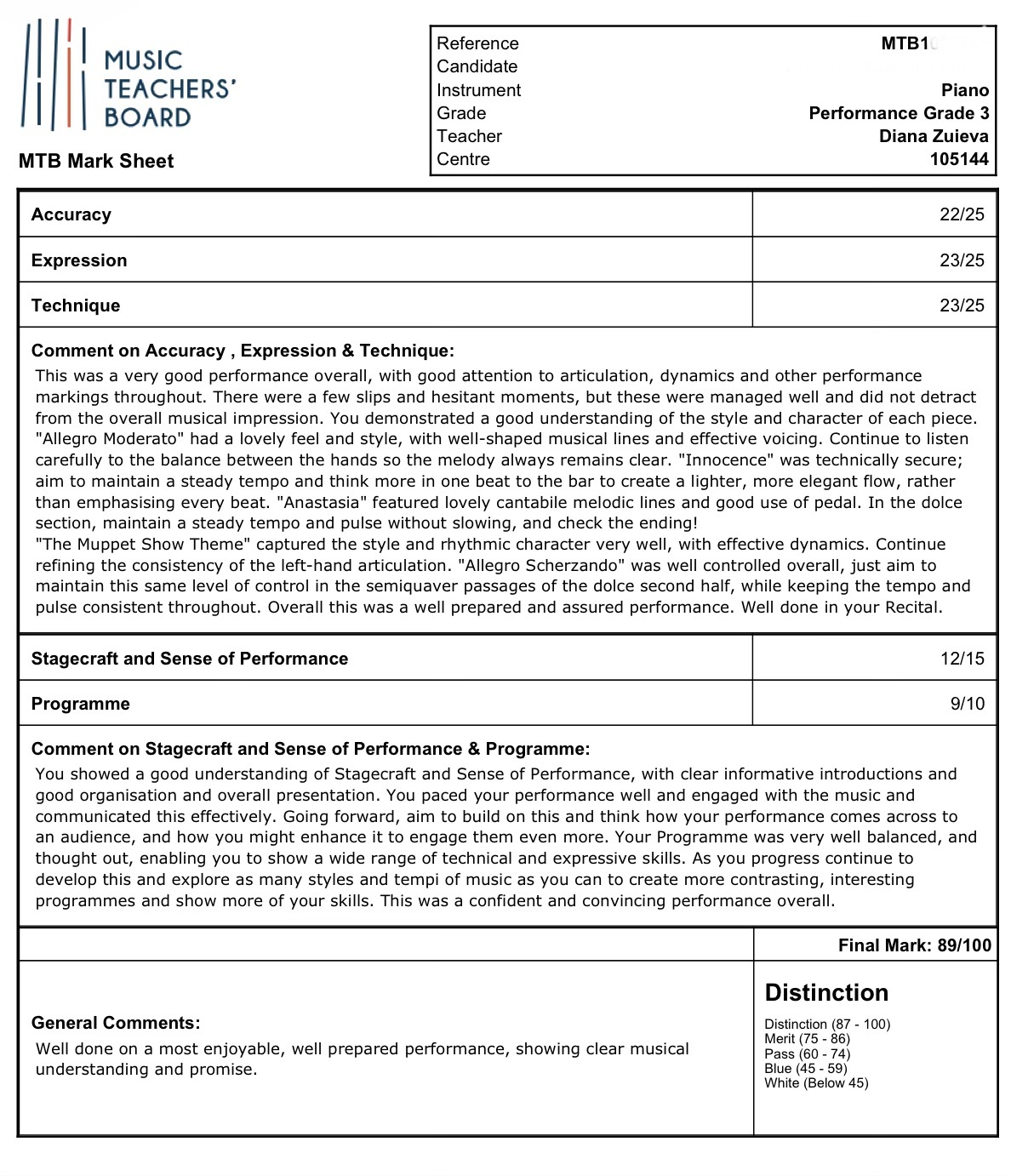 MTB Grade 3 mark sheet, 89/100 Distinction