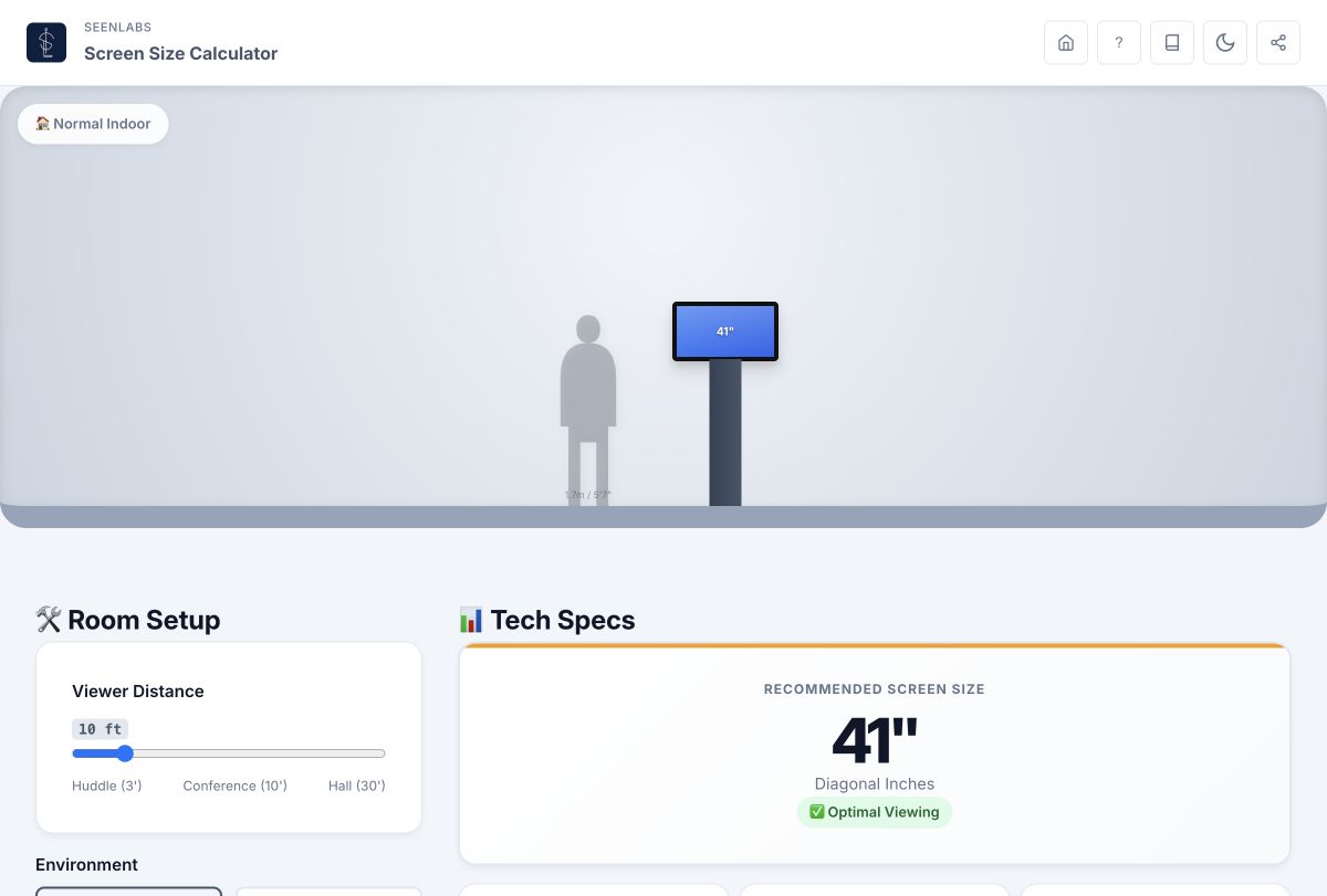 SeenLabs screen size calculator interface