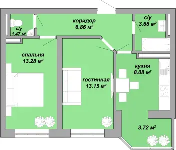 Планировка 2-комнатной квартиры в ЖК Акварель
