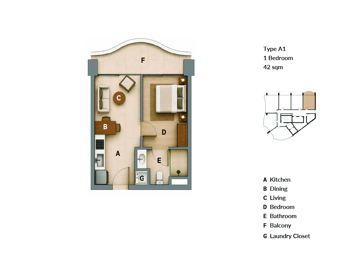 Elegance Residence floor plan type A1–A3, 1 bedroom, 42 sq.m