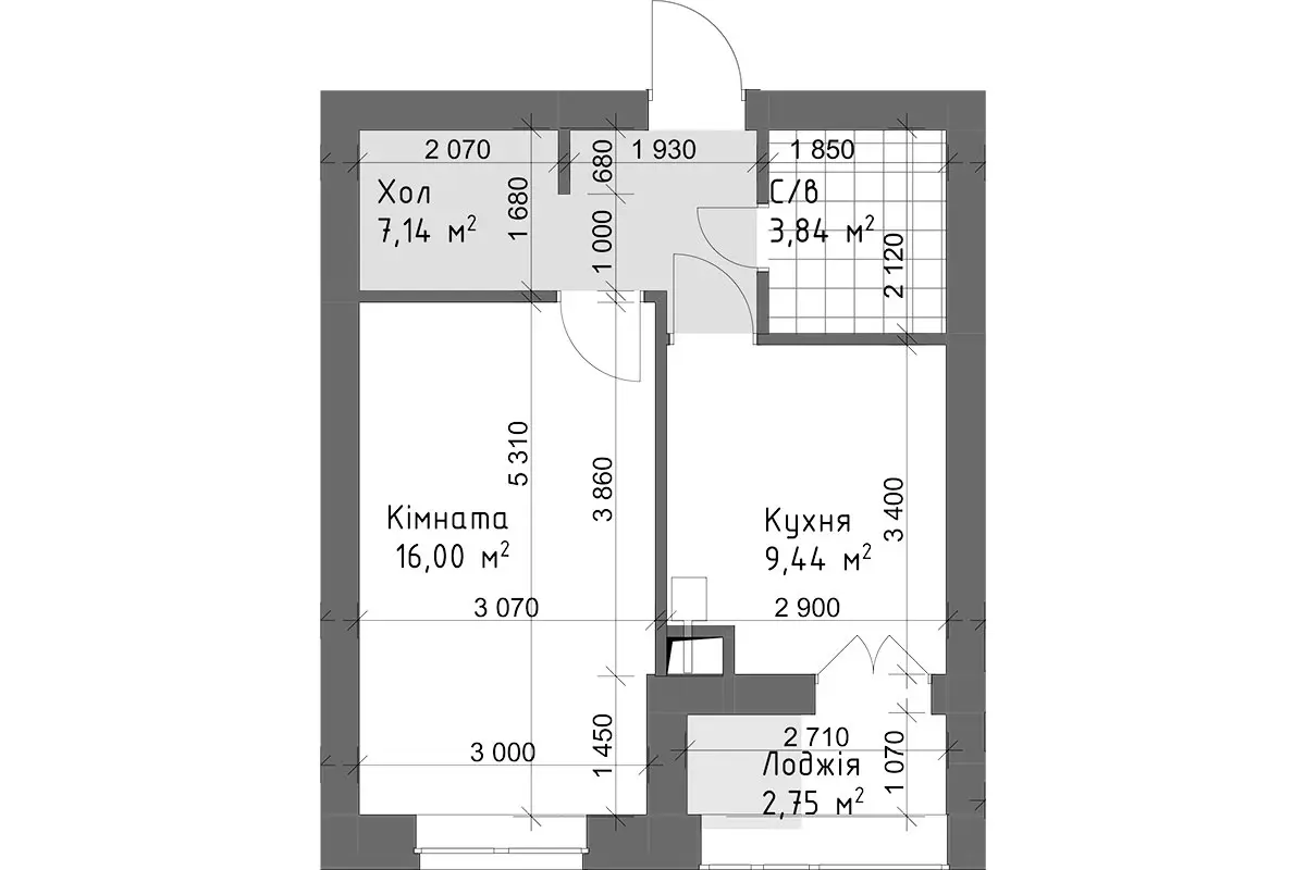 Планування 1-кімнатної квартири в ЖК Чайка Люкс — варіант 8