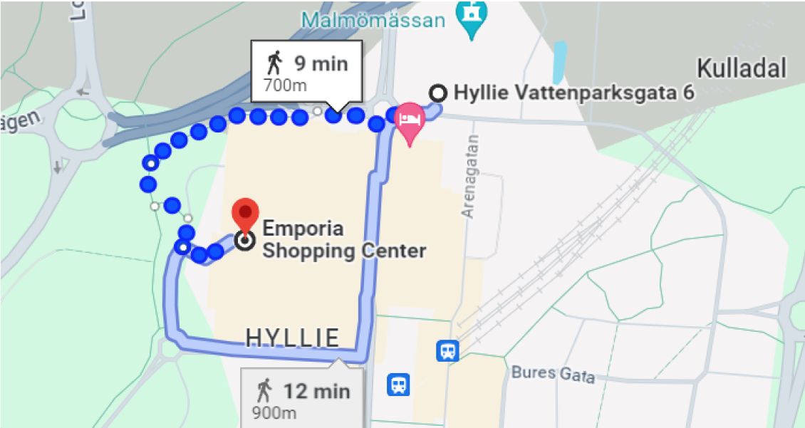 Route to Emporia Shopping Mall Food Court, Google map screenshot.