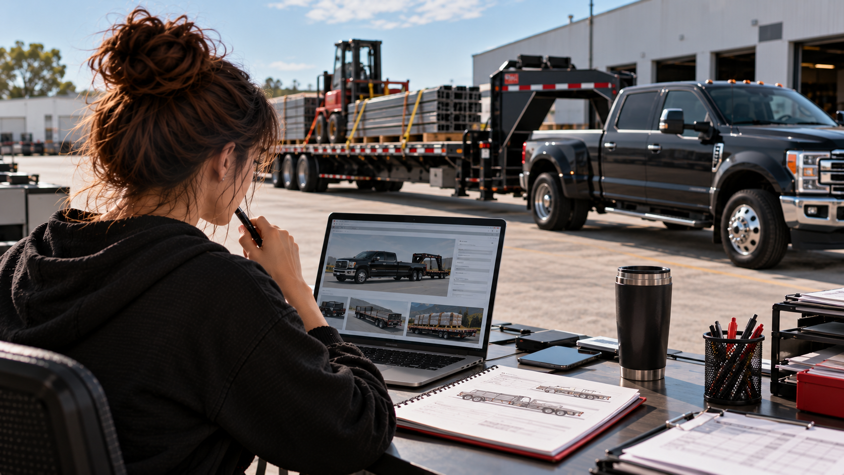 A dispatcher reviewing a hotshot pickup and gooseneck trailer profile with a load-search notebook