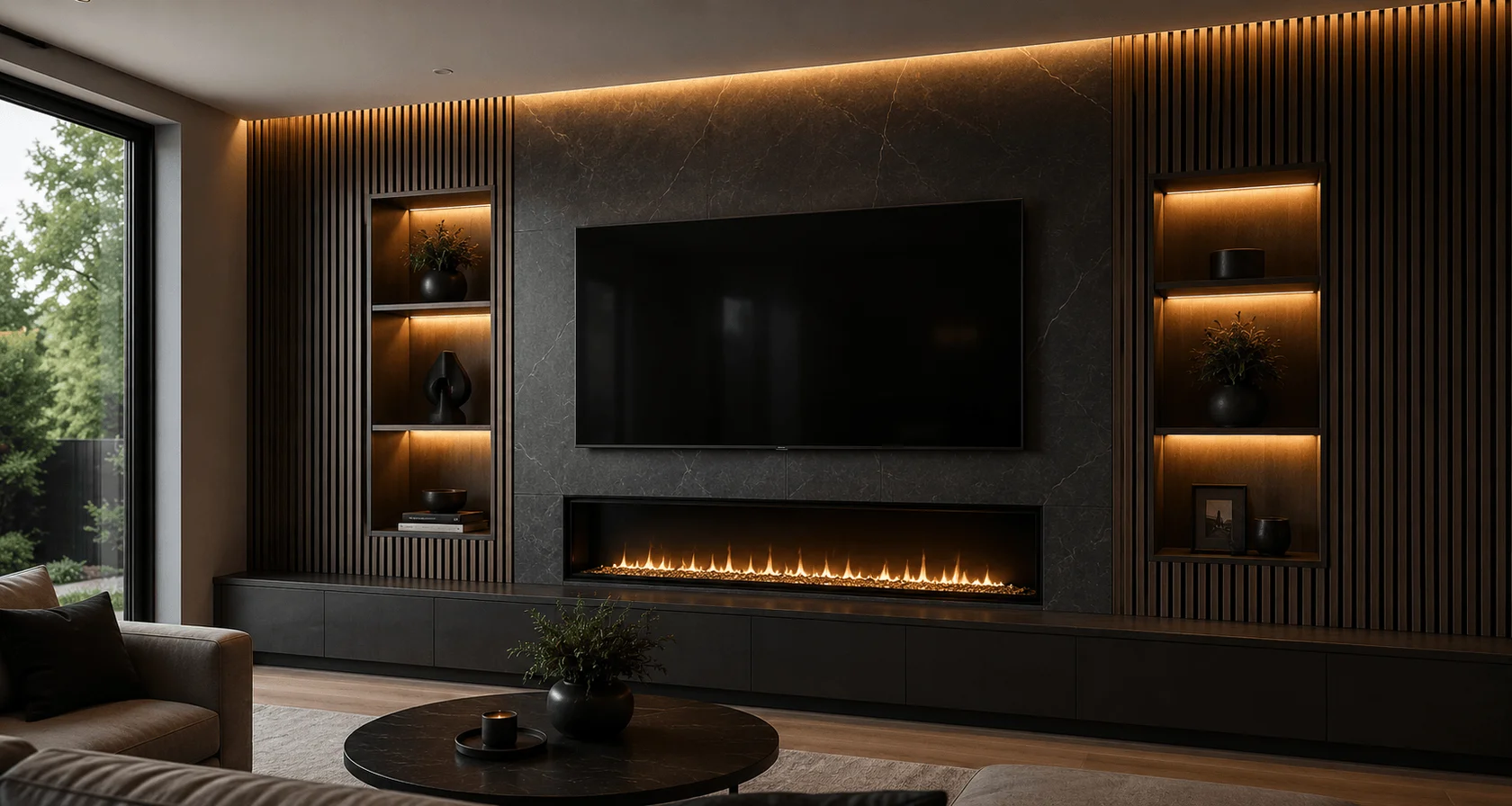 Modern fireplace integrated into a custom feature wall