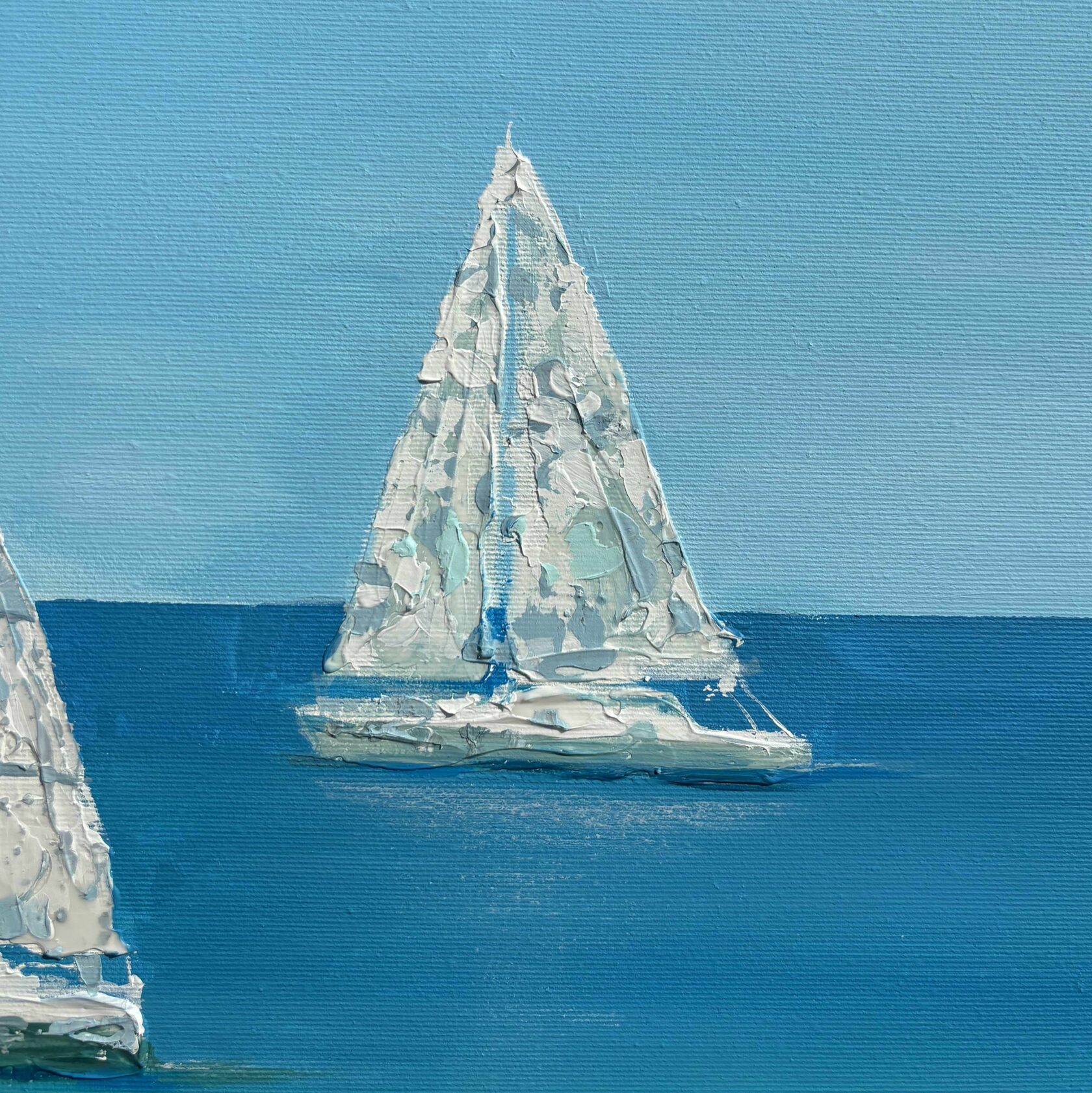 Acrylic painting White Sails, mixed media Turquoise Sea, Sea boats, seascape, stones in the sea, painting for sale Oxana Kravtsova Oxypoint