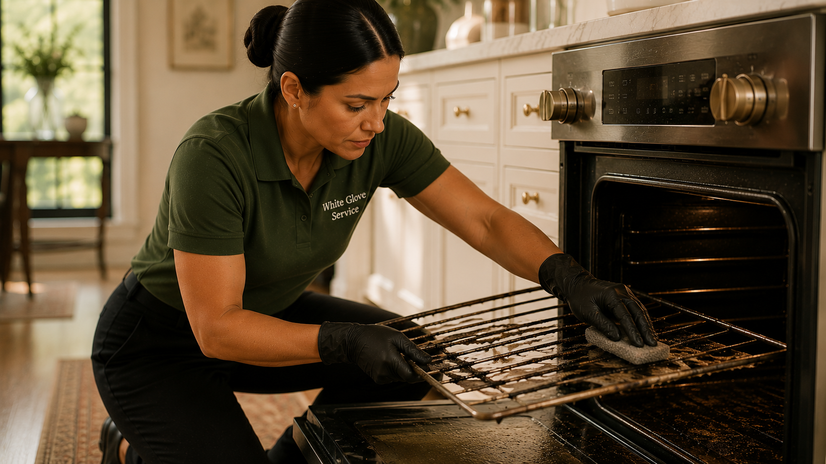 A White Glove Service housekeeper deep-cleaning an oven