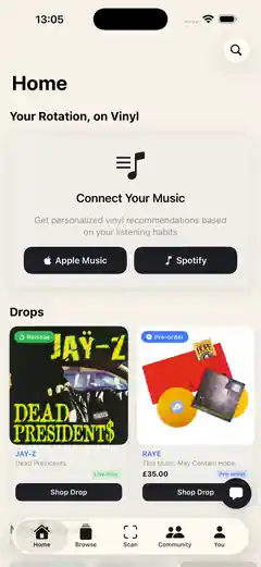 wax. app home screen with drops and new releases